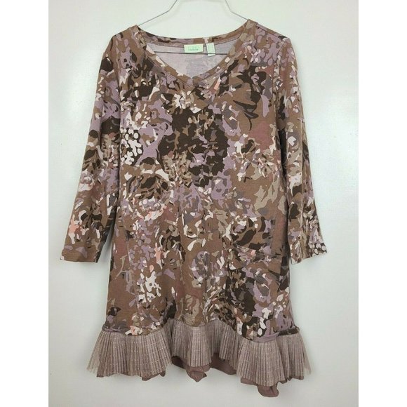 LOGO Lounge Womens Brown Floral 3/4 Sleeve Layered Hem Tunic Top Size Medium